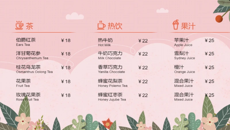 传统菜单：分类+品名+价格
